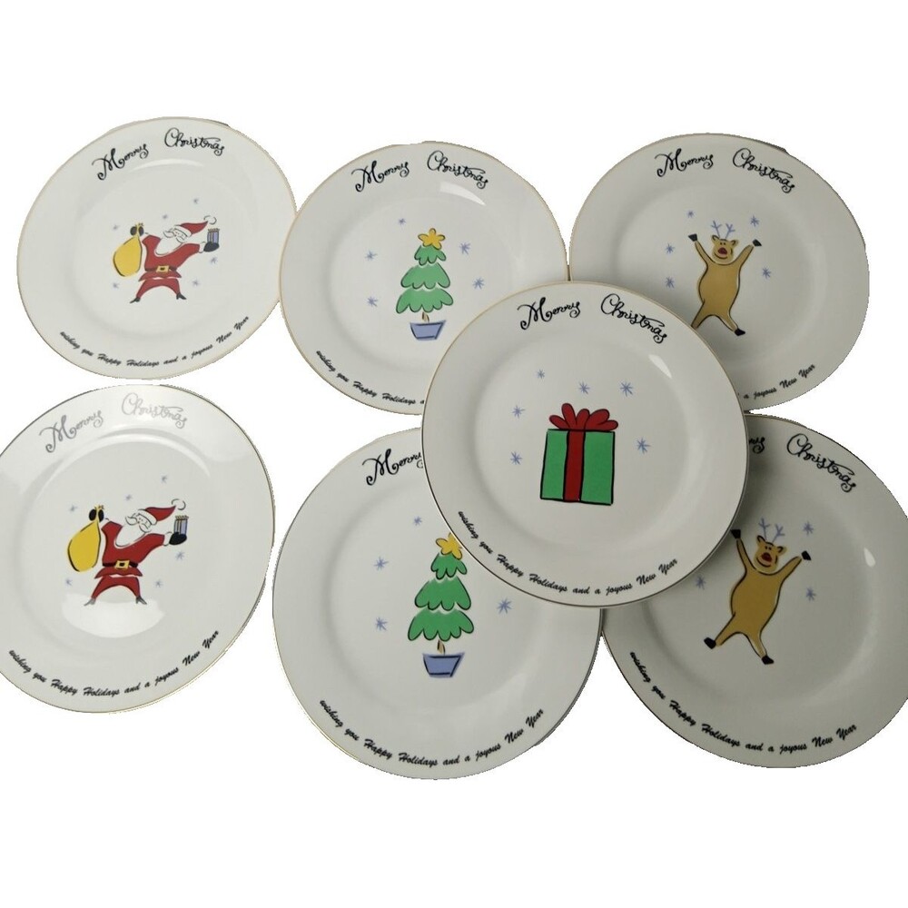 Set of 7 Merry Brite Merry Christmas Porcelain Salad Dessert Plates Gold